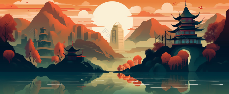红色中式古代建筑落日山水背景,插画/手绘图,插画/手绘图库,插画/手绘图下载,插画/手绘